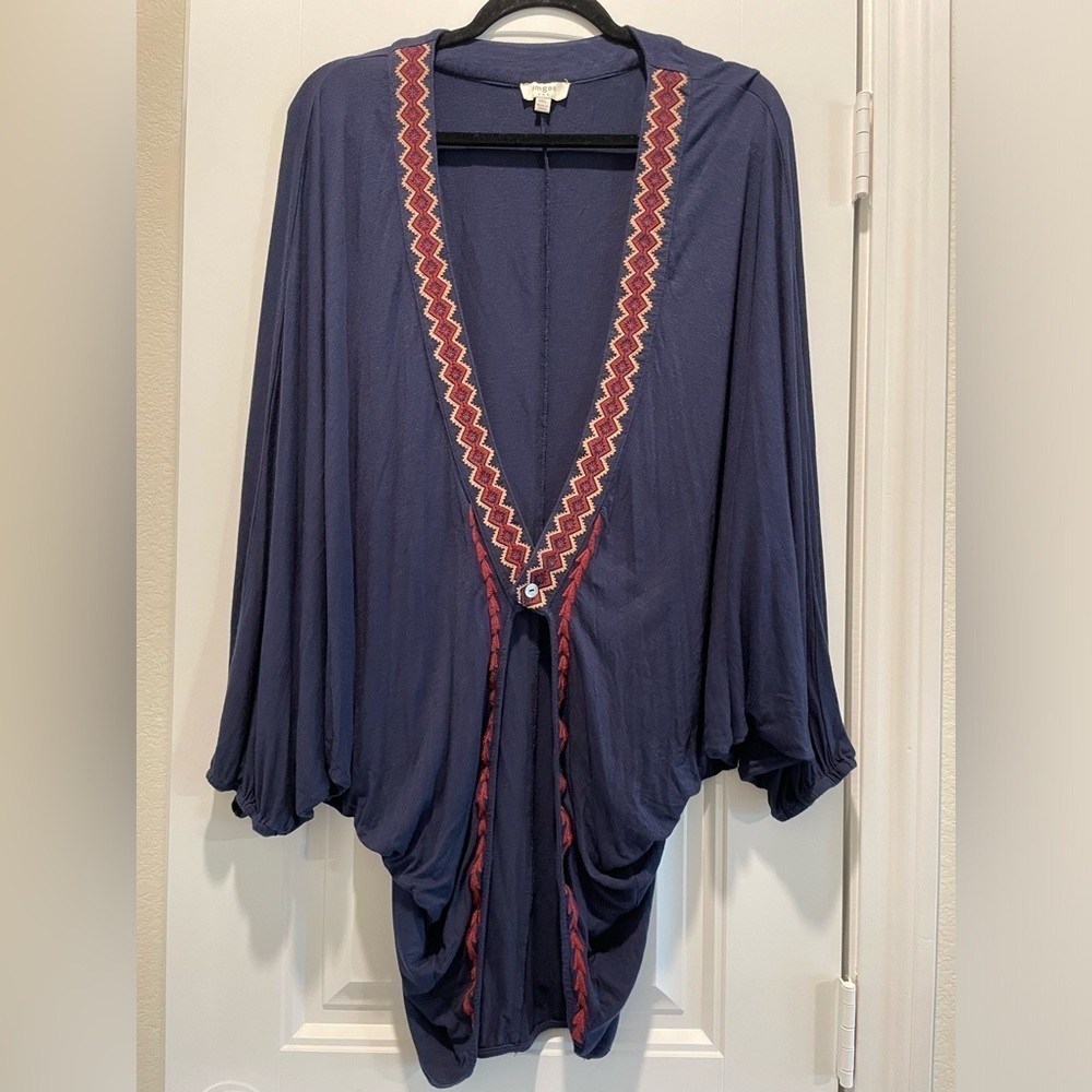 Umgee Women’s Cardigan Large Blue Embroidered Trim Cocoon Contemporary Bohemian - Picture 2 of 16